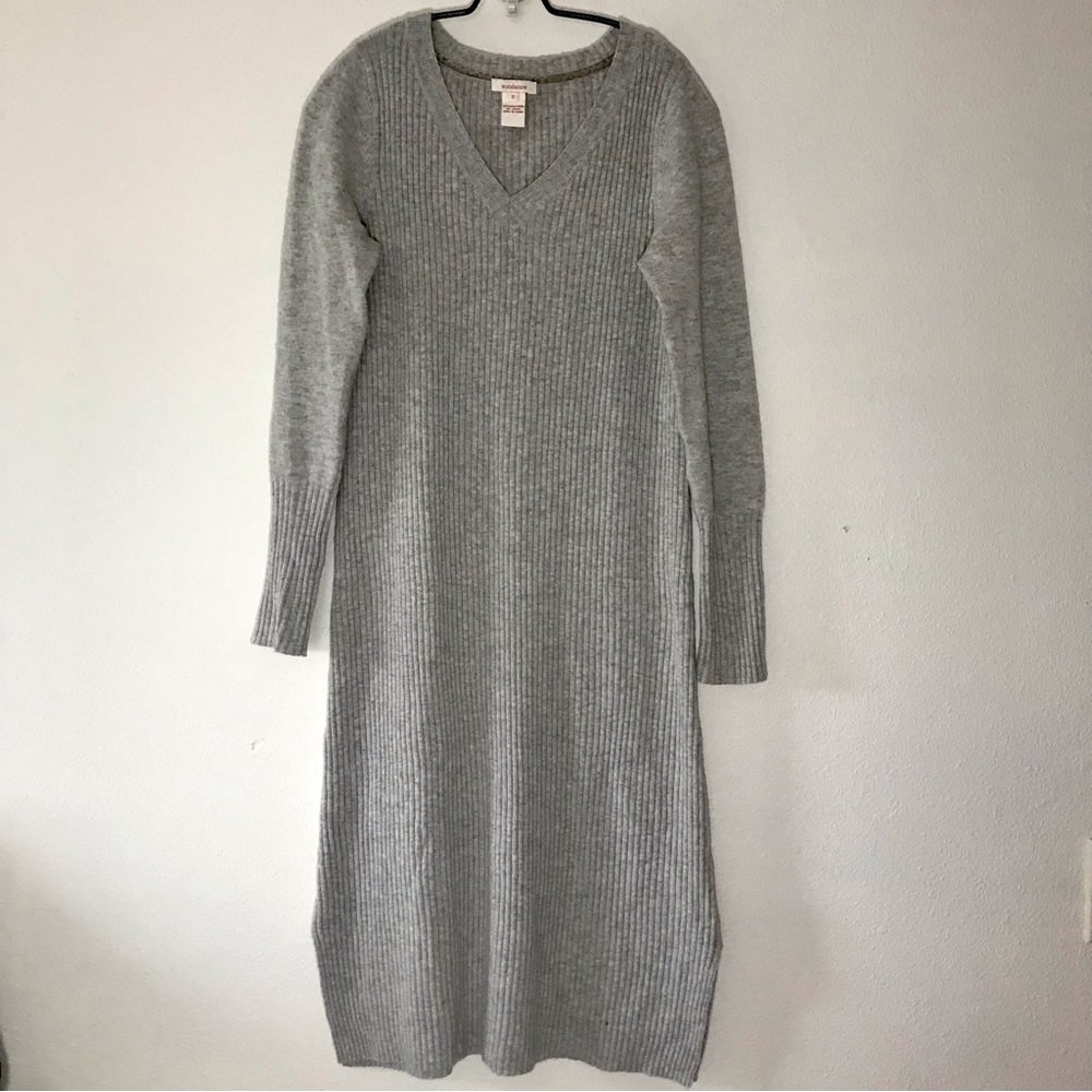 Sundance Sweater Dress Heather Gray 100% Merino Wool V Neck Ribbed Sz S Like New